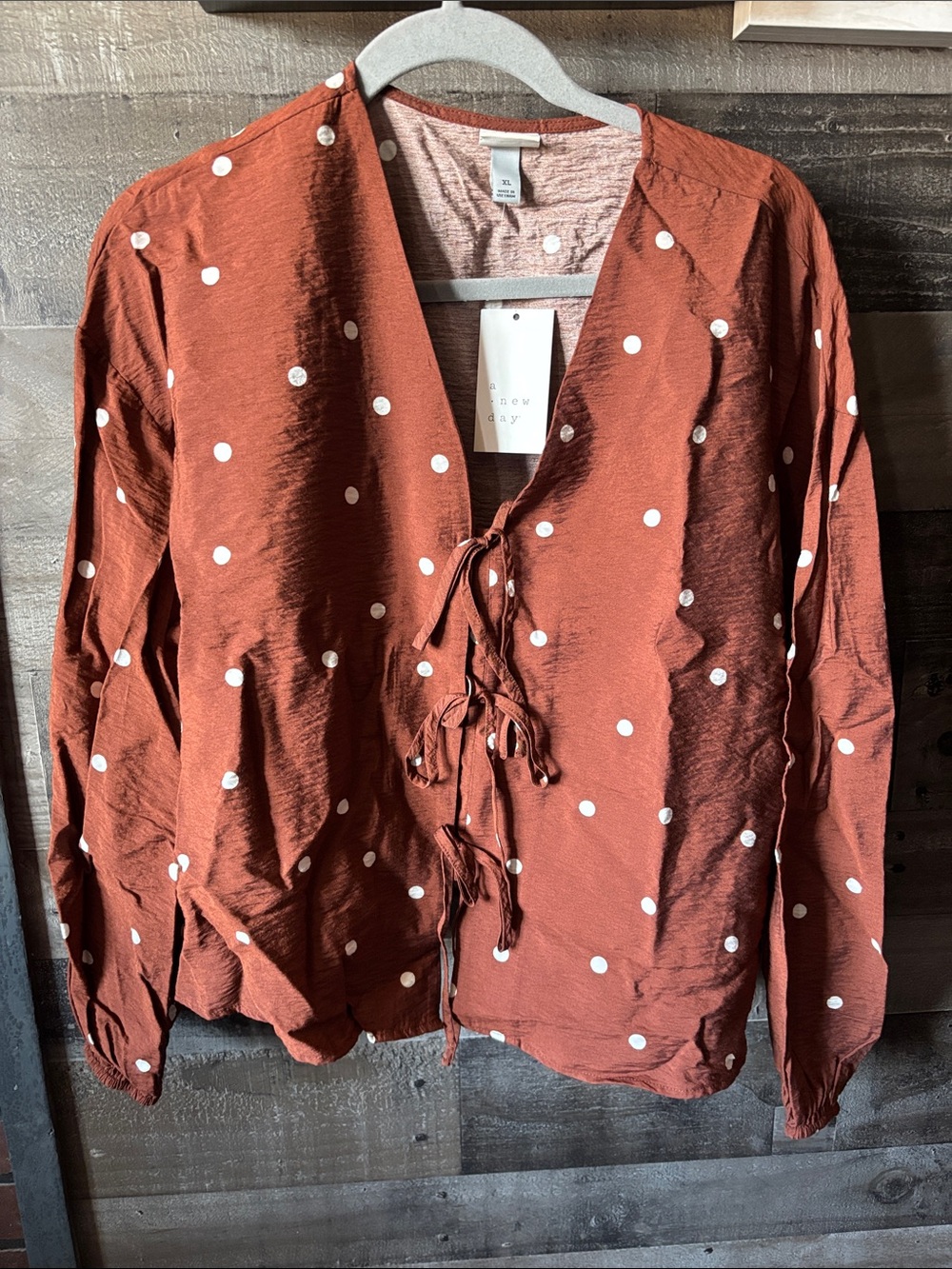 a new day Rust Polka Dot Tie-Front Blouse